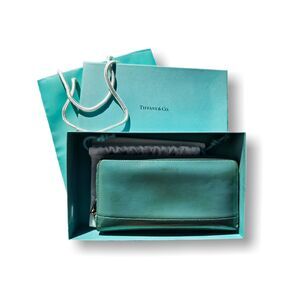 Tiffany Co Wallet Blue Green Glossy Leather Zippy Long Wallet Box & Bag GUC